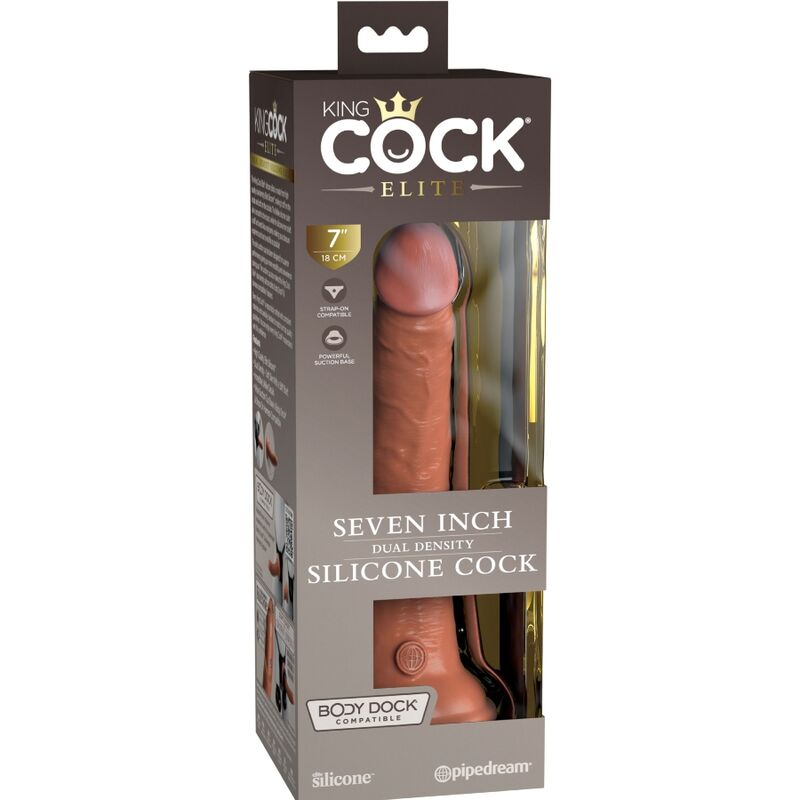 Boite King Cock Elite Seven Inch silicone du gode double densite, visuel de packaging exposant le modele realiste veine, son gland marque et la base ventouse.