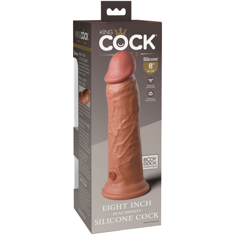 Boite King Cock Elite Eight Inch Silicone Cock, autre angle de l'emballage avec le gode realiste bi-densite et logo Pipedream.