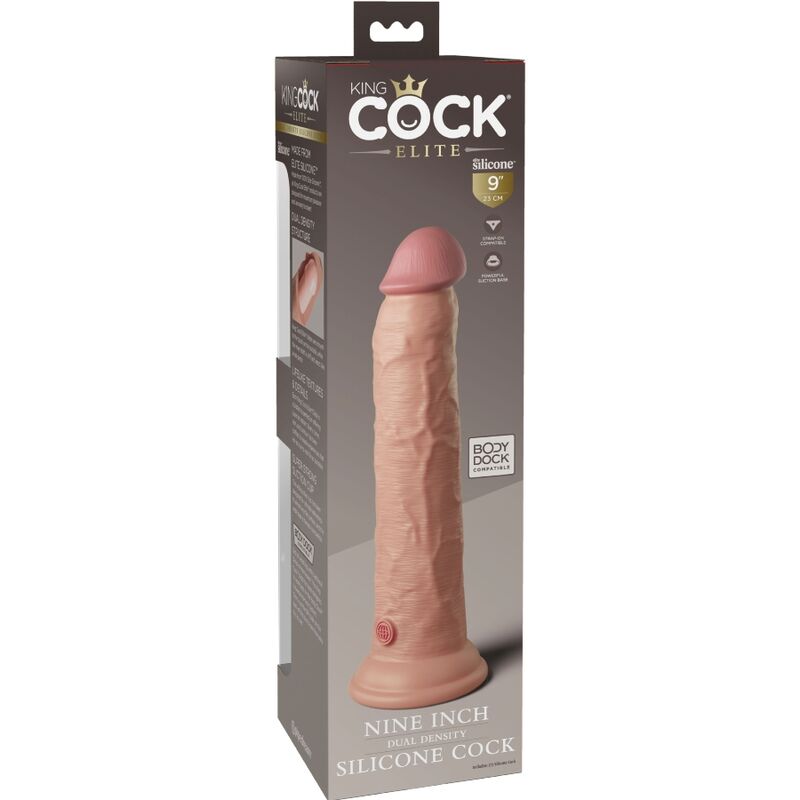 Emballage King Cock Elite neuf pouces, gode silicone realiste a base ventouse visible sur la boite, finition peau et mention dual density doree.