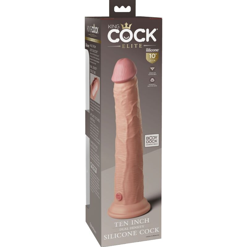Emballage King Cock Elite dix pouces, visuel d'un gode silicone realiste a gland et veines sur fond brun, mention dual density.