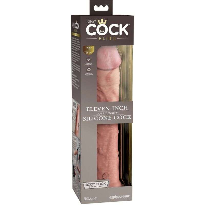 Emballage King Cock Elite onze pouces, visuel d'un gode silicone realiste a gland et veines, mention dual density sur fond brun et or.