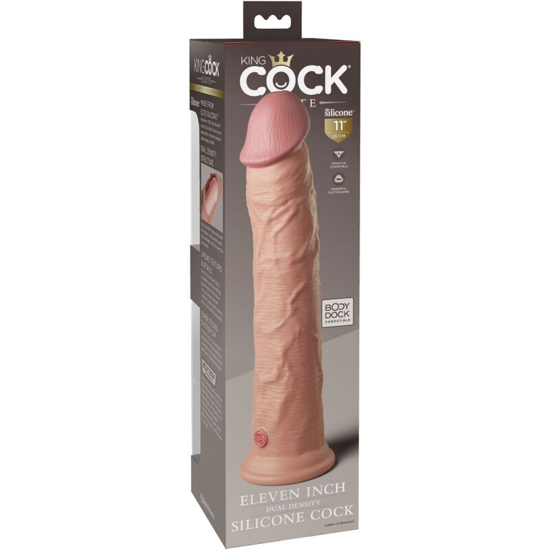 Boite King Cock Elite Eleven Inch Dual Density, gode silicone realiste onze pouces visible dans son emballage chair et doree.
