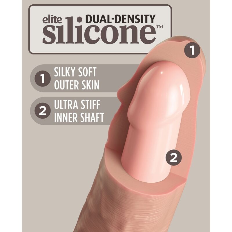 Schema dual density silicone : main pliant un gode realiste couleur peau pour illustrer la peau souple exterieure et le noyau ferme interieur.