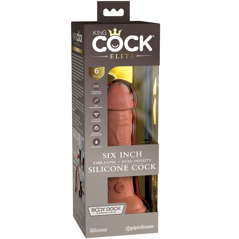 Emballage King Cock Elite six pouces vibrant, visuel d'un gode silicone realiste a gland detaille, mention vibrating dual density doree.