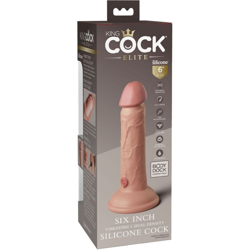 Emballage King Cock Elite six pouces dual density, visuel d'un gode silicone realiste a gland sur base ventouse, fond brun dore.