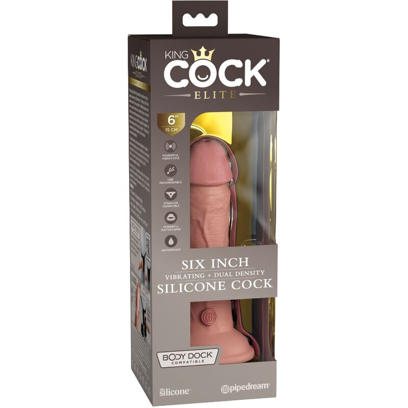 Boite King Cock Elite Six Inch vibrant dual density, gode silicone realiste six pouces visible dans son emballage chair et brun.