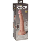 Boite King Cock Elite Seven Inch Silicone Cock, packaging gris illustrant le gode realiste vibrant bi-densite a telecommande et base ventouse Body Dock, teinte chair claire.
