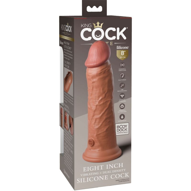 Boite King Cock Elite Eight Inch vibrant dual density, gode silicone realiste huit pouces visible dans son emballage chair et brun.