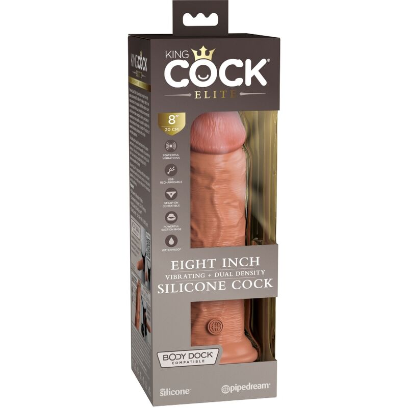 Emballage King Cock Elite huit pouces vibrant, visuel d'un gode silicone realiste a gland detaille, mention dual density doree.