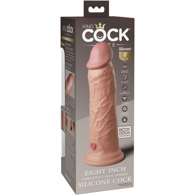 Emballage King Cock Elite huit pouces vibrant, visuel d'un gode silicone realiste a gland et veines, mention dual density sur fond brun.