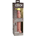 Boite King Cock Elite Nine Inch Silicone Cock, packaging gris illustrant le grand gode realiste vibrant bi-densite a telecommande et base ventouse Body Dock, teinte claire, marque Pipedream.