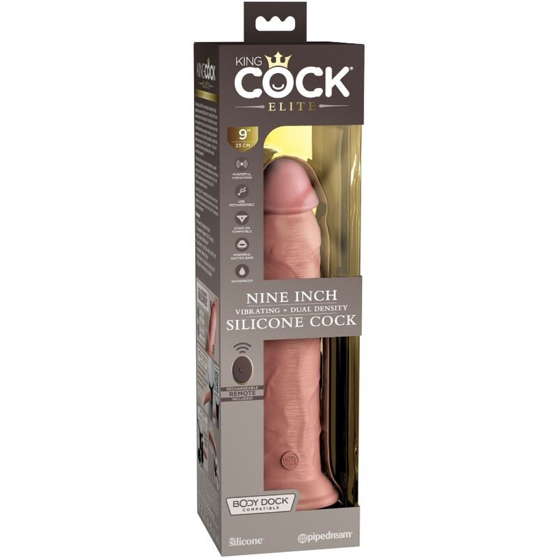 Boite King Cock Elite Nine Inch Silicone Cock, packaging gris illustrant le grand gode realiste vibrant bi-densite a telecommande et base ventouse Body Dock, teinte claire, marque Pipedream.