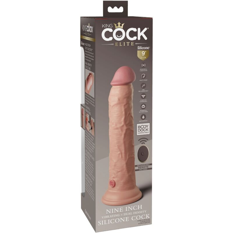 Boite King Cock Elite neuf pouces Silicone Cock vue de trois quarts, packaging gris presentant le grand gode realiste vibrant bi-densite a ventouse et telecommande, teinte chair claire.