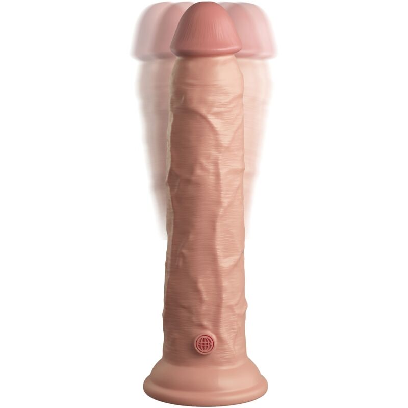 Gode realiste King Cock Elite en silicone teinte claire de face, gland prononce et fut veine sur base ventouse, bouton de vibration visible, modele bi-densite a telecommande, effet peau.