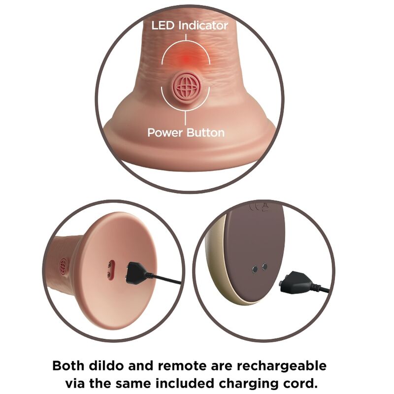 Schema de la base du gode silicone King Cock Elite montrant le bouton d'allumage, le voyant LED de charge et le port magnetique, gros plans du systeme rechargeable du modele vibrant.