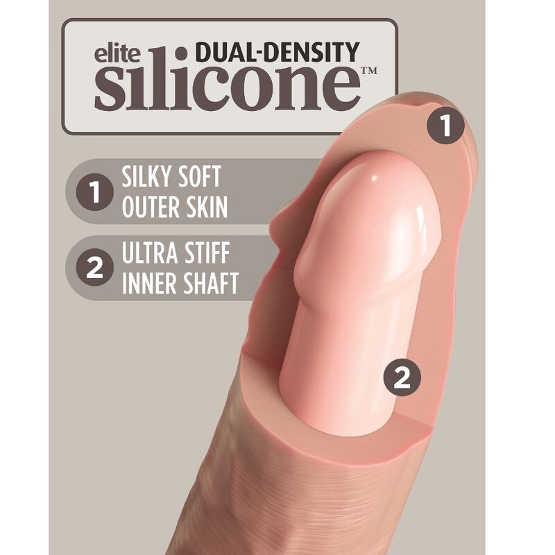 Illustration Dual-Density d'un gland de gode silicone en coupe, peau souple soyeuse en surface et noyau ultra ferme a l'interieur, marque King Cock Elite, demonstration bi-densite.