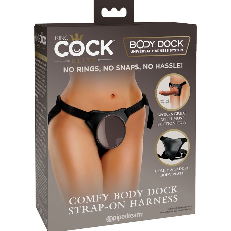 Boite Comfy Body Dock strap-on harness King Cock, visuel du harnais noir porte sur un bassin nu, mention no rings no snaps.