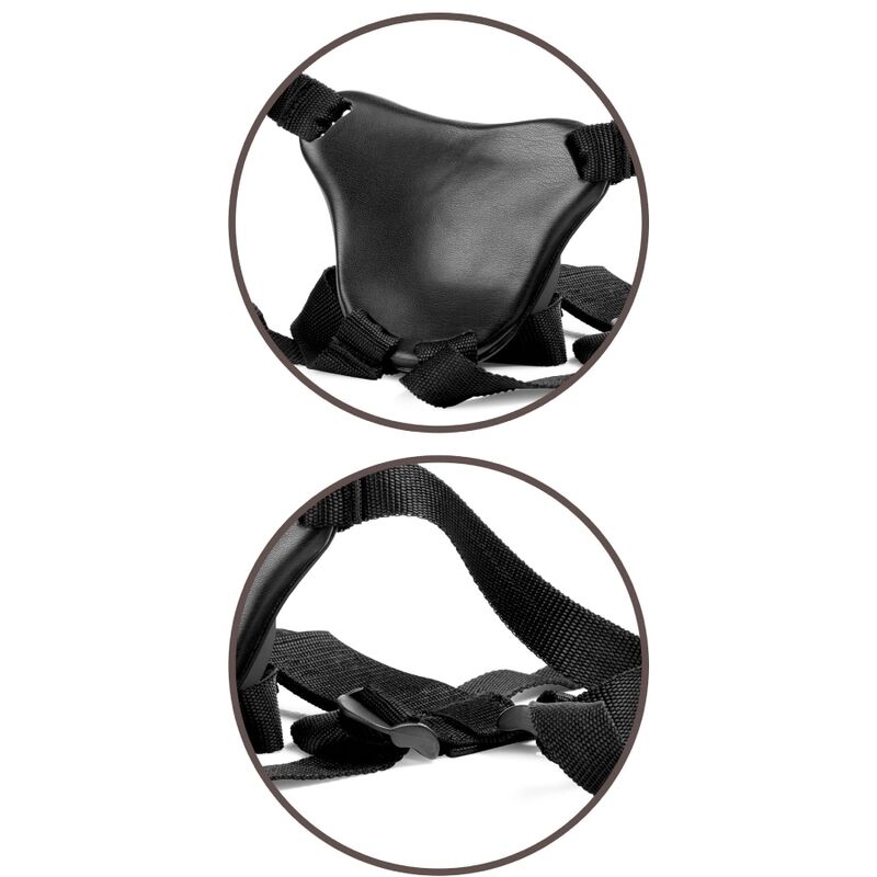 Harnais strap-on Body Dock noir presente seul de dos et de face : sangles nylon robustes et plaque rembourree, sans corps ni gode.