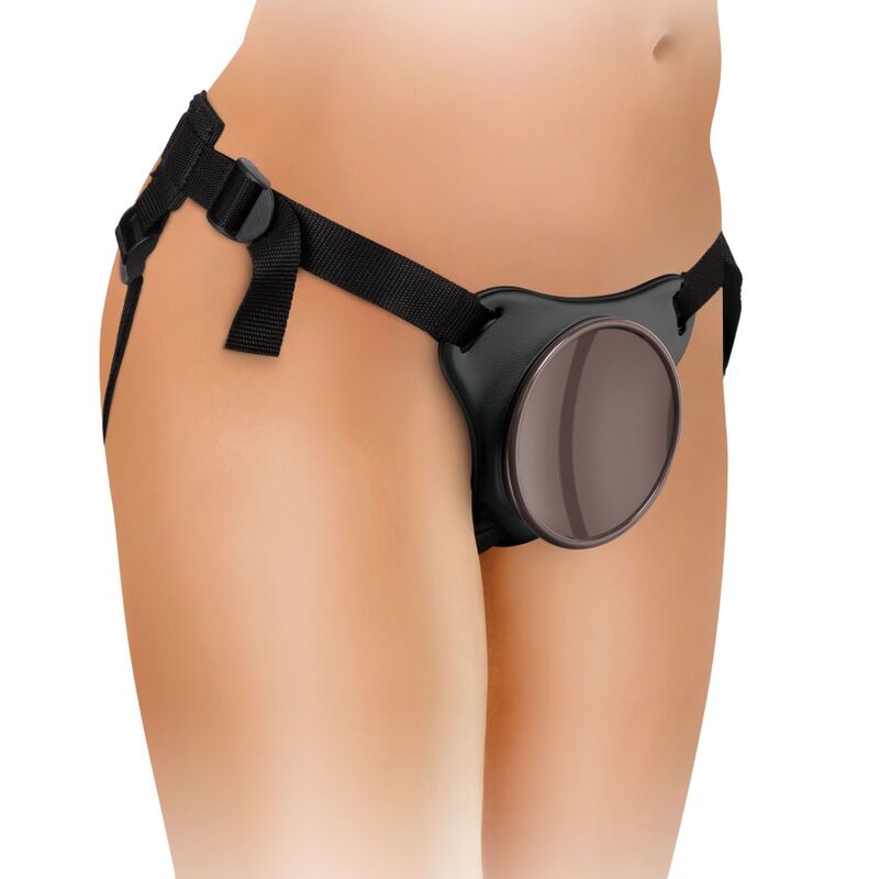 Harnais Body Dock noir porte de face sur un bassin nu, plaque de fixation concave centrale et sangles nylon reglables bien visibles.