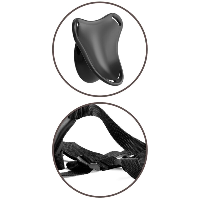 Harnais strap-on Body Dock noir presente seul : vue rapprochee de la plaque de fixation concave et du systeme de sangles nylon ajustables.