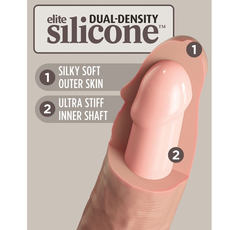 Schema dual density : main flechissant un gode realiste ton peau pour illustrer la peau souple exterieure et le coeur ferme interieur.
