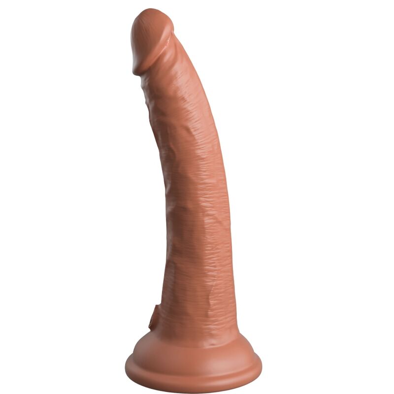 Gode realiste silicone teinte caramel de profil, gland bombe et longue tige veinee sur base ventouse large, finition dual density.