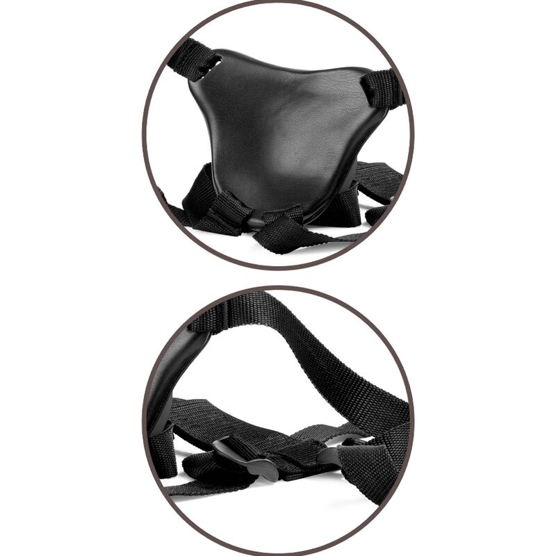 Harnais strap-on Body Dock noir presente seul de face et de dos : sangles nylon ajustables et plaque rembourree, sans corps ni gode.