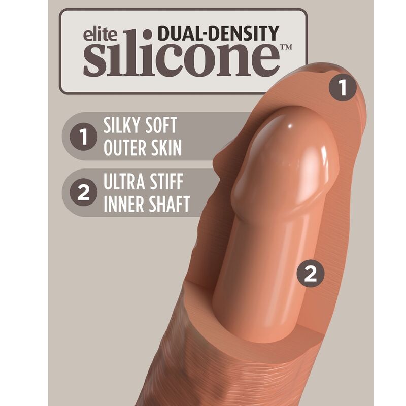 Schema dual density : main flechissant un gode realiste teinte caramel pour illustrer la peau souple exterieure et le coeur ferme.