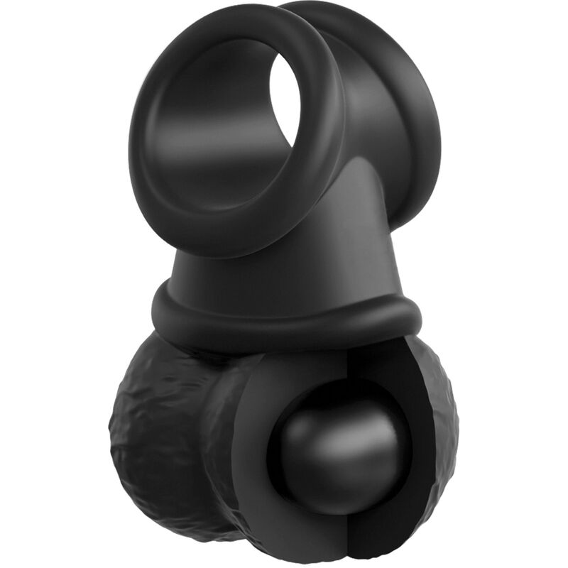 Anneau penien vibrant silicone noir a testicules moules realistes et bille lestee oscillante, double boucle de maintien pour le couple.