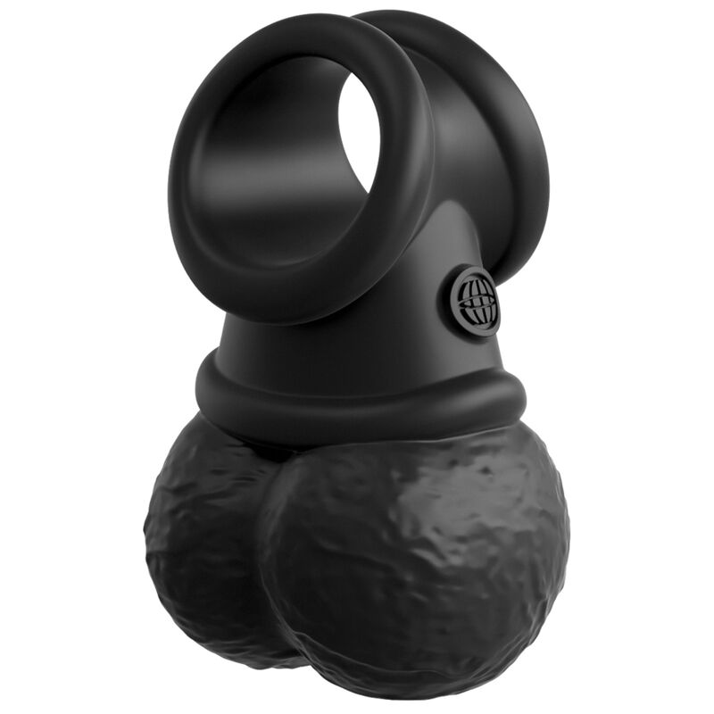 Anneau penien vibrant en silicone noir avec gaine et testicules moules realistes, double boucle de soutien et moteur a bouton visible.