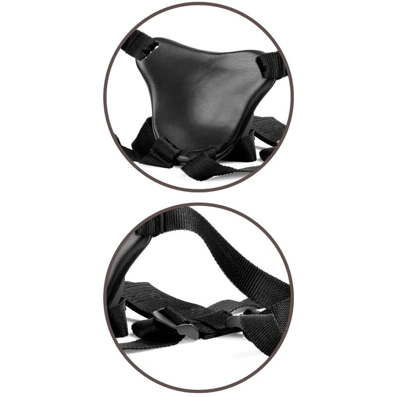 Harnais strap-on Body Dock noir presente seul de face et de dos : sangles nylon ajustables et plaque rembourree, sans corps ni gode.