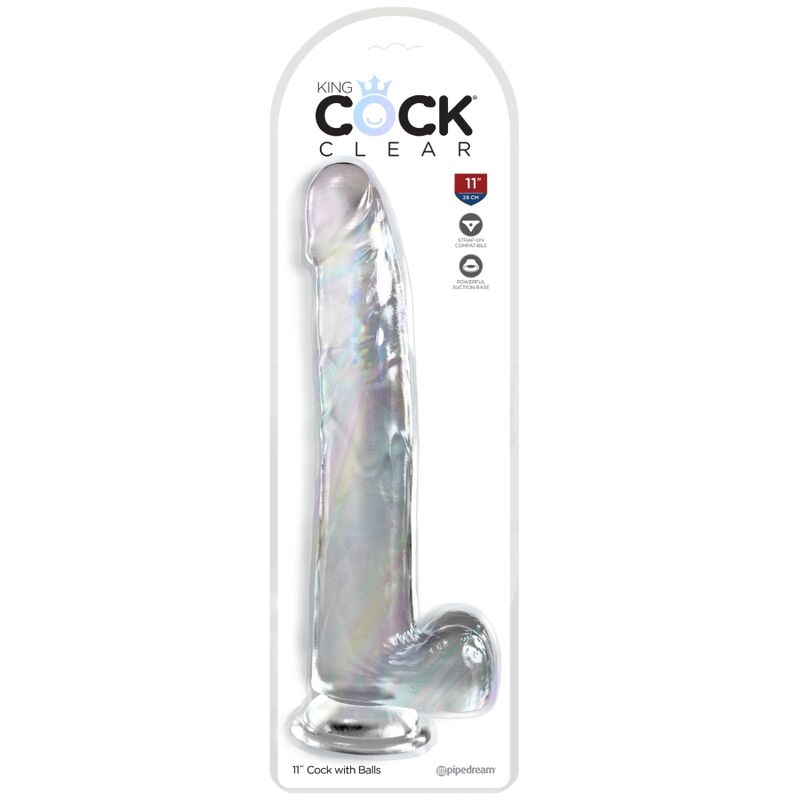 Boîte King Cock Clear 11 pouces avec gode translucide réaliste à testicules, packaging mettant en avant la grande taille et la matière cristalline.