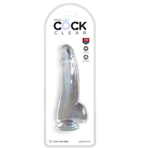 Boîte King Cock Clear 7,5 pouces montrant le gode translucide réaliste avec testicules, packaging soulignant la matière cristalline et la ventouse.