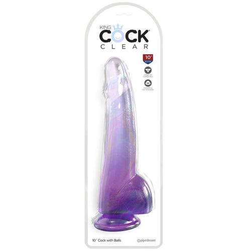 Boite King Cock Clear, blister irise presentant le gode realiste translucide a testicules et base ventouse, mention Cock with Balls et logo Pipedream, effet cristal degrade, grand format.