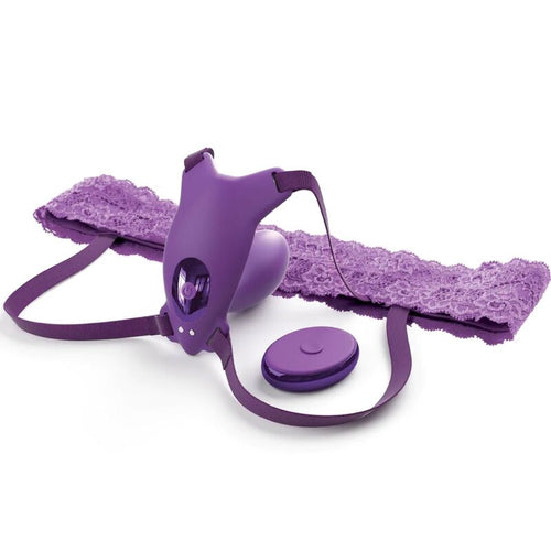 Harnais papillon G-Spot violet à ceinture en dentelle, avec plug stimulateur et télécommande sans fil, posé à plat