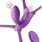 Gros plan sur le plug stimulateur du harnais papillon, bras courbé point G et picots clitoridiens, icônes de vibration