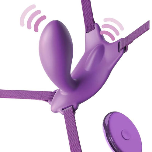 Gros plan sur le plug stimulateur du harnais papillon, bras courbé point G et picots clitoridiens, icônes de vibration