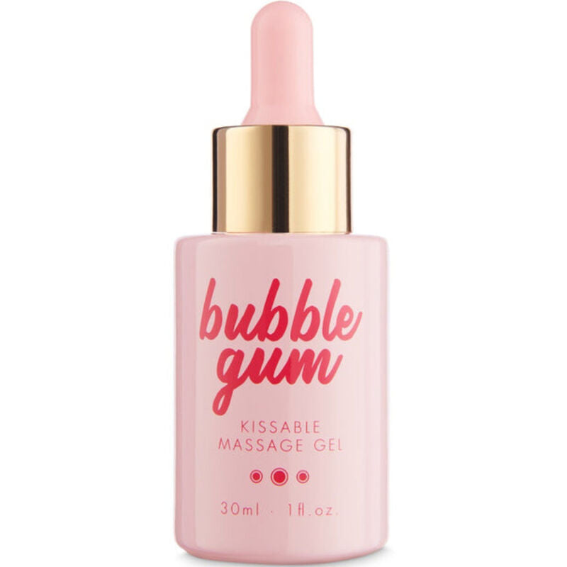 Flacon rose Bubble Gum Kissable Massage Gel Bijoux Indiscrets a compte-gouttes dore, photographie isolee sur fond blanc, gel de massage embrassable 30 ml