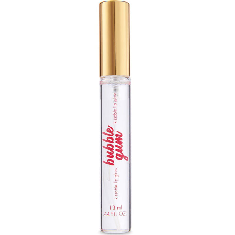 Tube de gloss a levres Bubble Gum Bijoux Indiscrets transparent a bouchon dore, photographie isolee sur fond blanc, gloss embrassable gourmand 13 ml