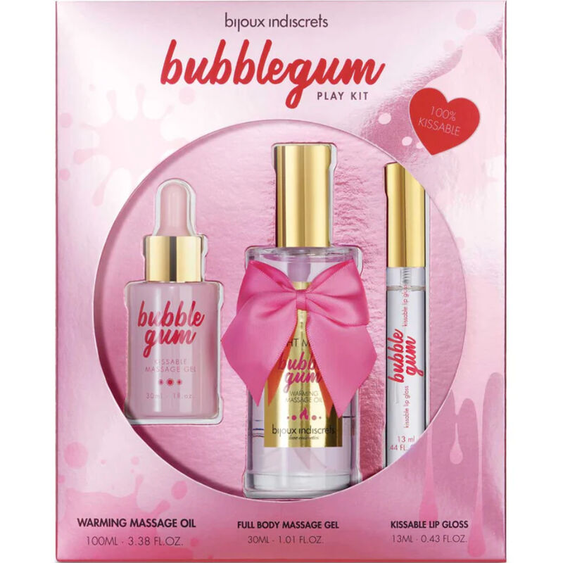 Kit de jeu Bubblegum Bijoux Indiscrets en boite rose, huile chauffante, gel de massage et gloss a levres, coffret couple gourmand fraise sur fond blanc