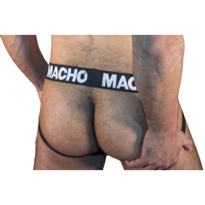 Jockstrap homme noir semi-transparent MX25NN vu de profil arriere, fessier nu degage lanieres elastiques tissu transparent, coupe sensuelle maintien anatomique masculin