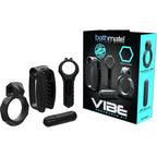 Kit Vibe Endurance Bathmate posé à plat : manchon masturbateur, anneaux péniens et balle vibrante en silicone noir, présentés avec la boîte bleue pour renforcer l'endurance.