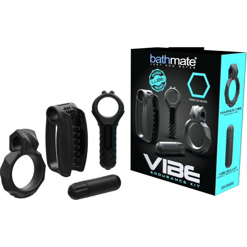 Kit Vibe Endurance Bathmate posé à plat : manchon masturbateur, anneaux péniens et balle vibrante en silicone noir, présentés avec la boîte bleue pour renforcer l'endurance.
