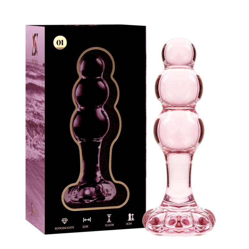 Boite Nebula Series et plug anal en verre borosilicate rose perle cote a cote, base fleur large, modele 10,5 cm lisse non poreux compatible tous lubrifiants.