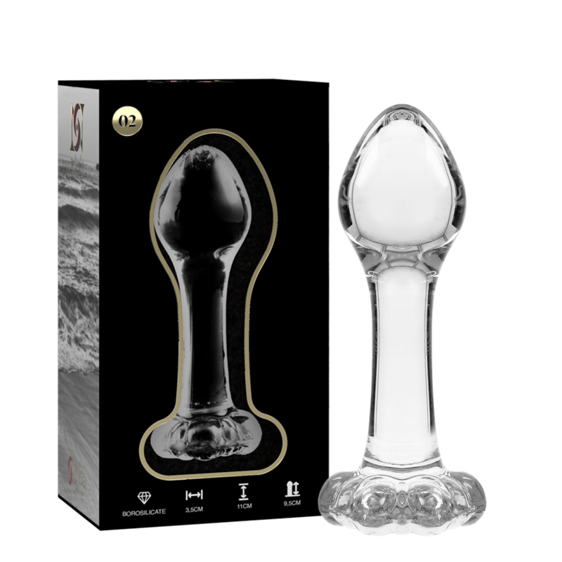 Boite marbree Nebula Series et plug anal fin en verre borosilicate transparent cote a cote, tete bombee et base fleur, modele lisse non poreux pour debuter.