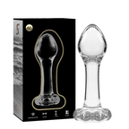 Boite marbree Nebula Series et plug anal fin en verre borosilicate transparent cote a cote, tete bombee et base fleur, modele lisse non poreux pour debuter.