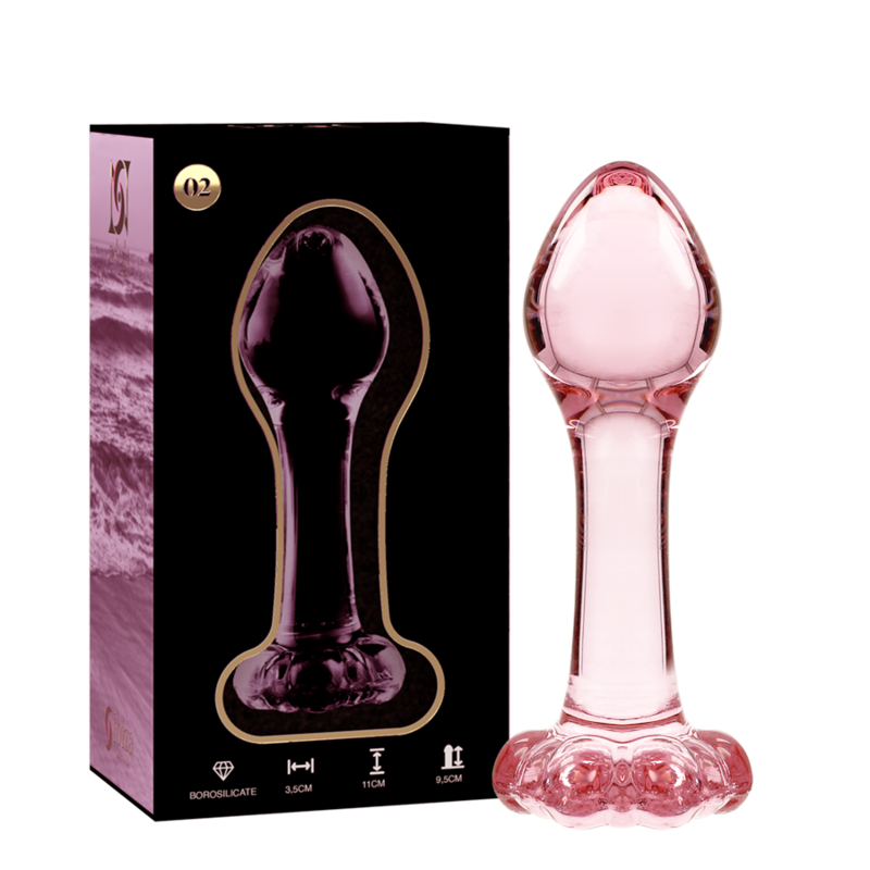 Boite Nebula Series et plug anal fin en verre borosilicate rose cote a cote, tete bombee et base fleur evasee, modele lisse 11 cm pour une insertion douce.