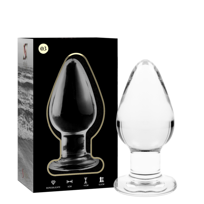 Boite Nebula Series et plug anal conique en verre borosilicate transparent cote a cote, corps large et base perlee, modele lisse non poreux facile a nettoyer.