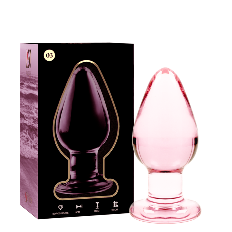 Boite Nebula Series et plug anal conique en verre borosilicate rose cote a cote, corps large et base perlee, modele lisse 11 cm pour une montee progressive.