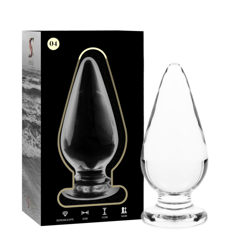 Boite Nebula Series et plug anal en verre borosilicate transparent forme goutte cote a cote, pointe effilee et base annelee, modele lisse non poreux a nettoyer.